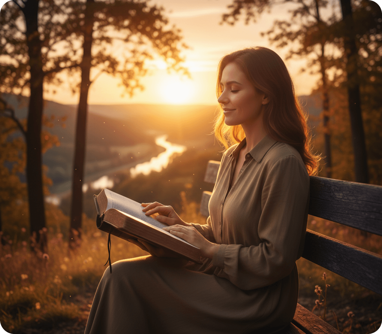 A believer reading Scripture at sunrise